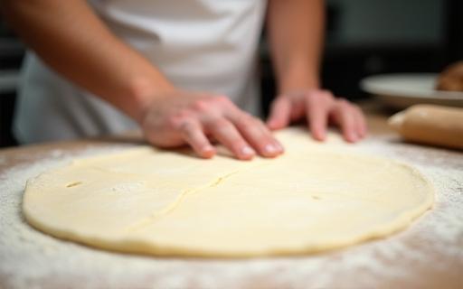 Chef teaching how to stretch pizza dough for a Roman-style pizza