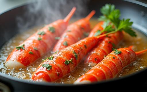 Cooking fresh seafood in a pan with herbs and white wine
