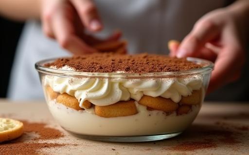 Hands layering ingredients for making a traditional Tiramisu dessert