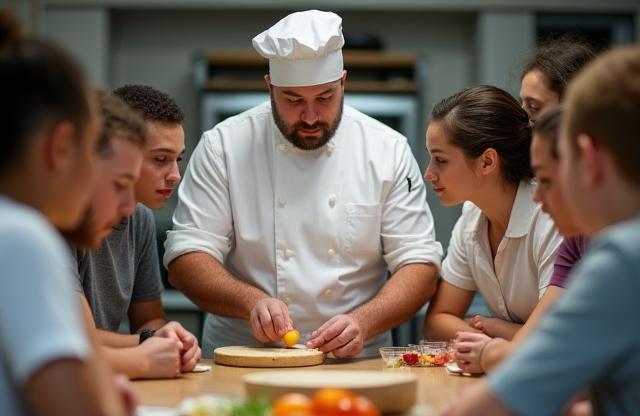Chef demonstrating a cooking technique to attentive students gathered around a table