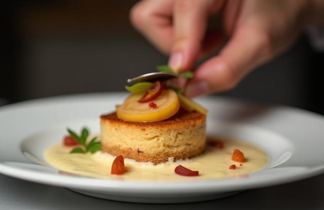 Close up of a hand carefully plating a delicious Italian dessert