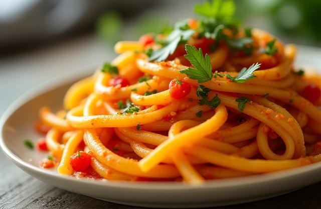 Close up of a beautiful, freshly cooked pasta dish, ready to be served