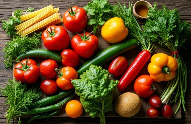 Fresh vegetables, herbs, and other ingredients laid out on a wooden table before cooking