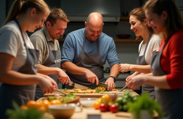 Students happily cooking together in the kitchen, preparing a meal