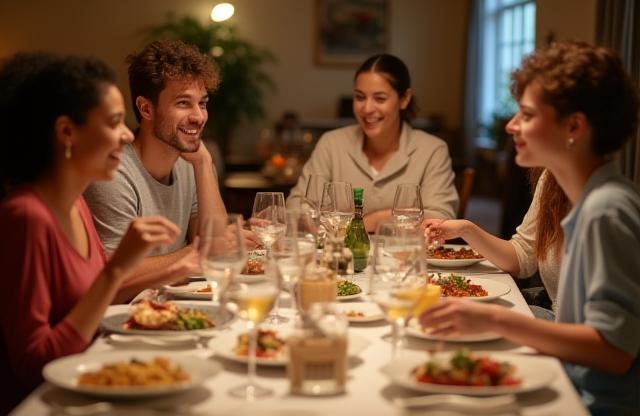 A group of students sitting together at a table, enjoying the delicious meal they cooked during the class