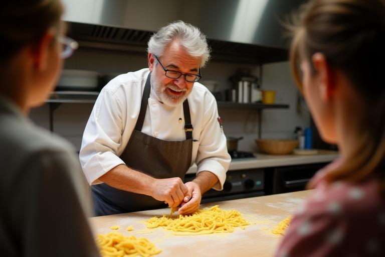 Chef Antonio Rossi demonstrating pasta making technique to attentive students